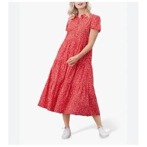 Joules Red Dot Tiered Shirt-Collar Midi Dress